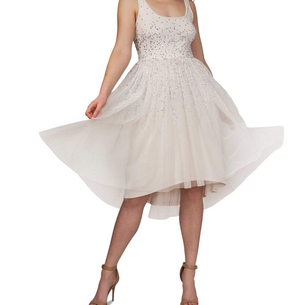 🌺 Adrianna Papell Beaded Shirred Mesh Dress With Sequins
